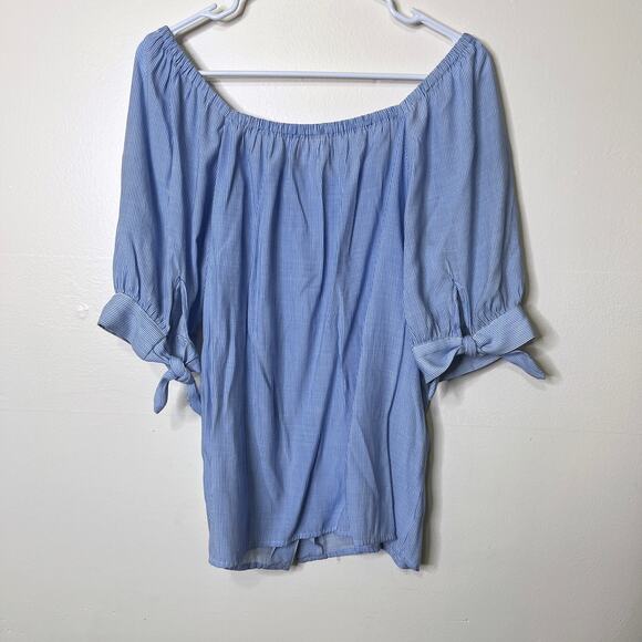 LC Lauren Conrad Off Shoulder Top Large Peasant Blouse Blue White Striped - Picture 5 of 5